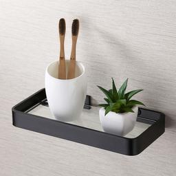 UMI. Bathroom Shelf Aluminum Clear Tempered Glass 1 Tier Shelf Retangular Non Drilling Glue Wall Mount 25 cm Black Rust Proof, BGS4201S25DG-BK