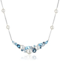 [Find] Amazon Collection Sterling Silver Cluster Freshwater Cultured Pearl and Blue Topaz Diamond Accent Necklace