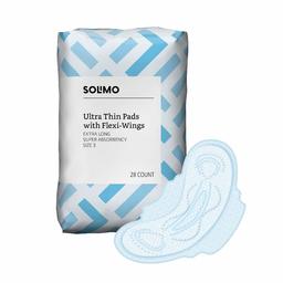 Amazon Brand - Solimo Ultra Thin Pads with Flexi-Wings for Periods, Extra Long Length, Super Absorbency, Unscented, Size 3, 28 Count, 1 Pack