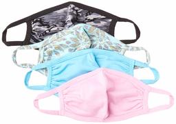 Quality Durables Kid's 4-Pack Reusable Face Covering, Blue Large Flower/Light Blue/Black Camo/Pink, Little Kids