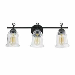 Amazon Brand – Stone & Beam Modern Farmhouse Bathroom Wall Sconce Vanity Fixture With 3 Vintage Light Bulbs And Glass Shades - 23.6 x 6.5 x 9.75 Inches, Dark Bronze