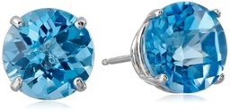 10k White Gold Round Checkerboard Cut Blue Topaz Studs (8mm)