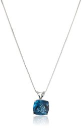 14k White Gold Cushion Checkerboard Cut London Blue Topaz Pendant Necklace (8mm), 18