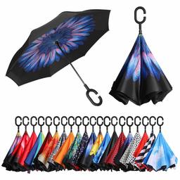 Eono by Amazon - Doppio Strato Invertito Ombrello, Manico a Forma di C Ombrello Ribaltabile inverso, Reverse Folding Umbrella, Anti UV Antivento Umbrella di Viaggio Inverted Umbrella, Fiore Blu