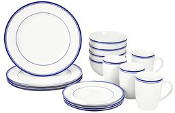 AmazonBasics 16-Piece Cafe Stripe Dinnerware Set, Service for 4, Blue