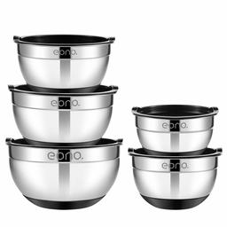 Eono Essentials stainless steel 5-piece bowl set with lids, non-stick silicone bases, stackable