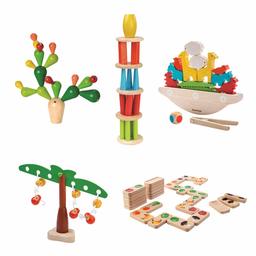 AmazonBasics Games Case Pack, Fruit & Veggie Domino (Gradient), Balancing Monkeys, Balancing Boat, Tower Tumbling, Balancing Cactus