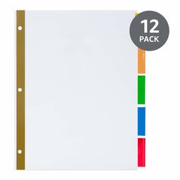 AmazonBasics 5 Intercalaires en papier pour classeur, Onglets en plastique multicolores où glisser des étiquettes, 12 lots