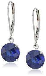 10k White Gold Round Checkerboard Cut Created Blue Sapphire Leverback Earrings (8mm)