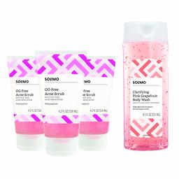 Amazon Brand - Solimo Oil-free Pink Grapefruit Facial Scrub, 2% Salicylic Acid Acne Medication & Solimo Clarifying Pink Grapefruit Body Wash, 2% Salicylic Acid Acne Treatment, Dermatologist Tested