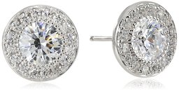 Platinum or Gold Plated Sterling Silver Round-Cut Swarovski Zirconia Halo Stud Earrings, also Available in Sets