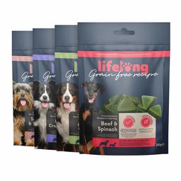 Marque Amazon - Lifelong - Friandises pour chiens, sans blé, avec mono-protéine - sélection mixte et Superfood (4 pack x 240gr)