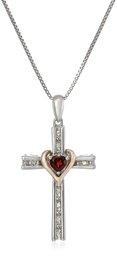 Sterling Silver and 14k Gold Garnet and Diamond Cross My Heart Pendant Necklace, 18