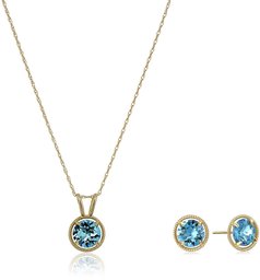 10K Gold Dainty Swarovski Crystal Birthstone Pendant Necklace with Stud Earrings Set, March