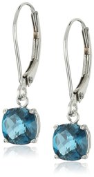 10k White Gold Cushion-Cut Checkerboard London Blue Topaz Leverback Earrings (6mm)