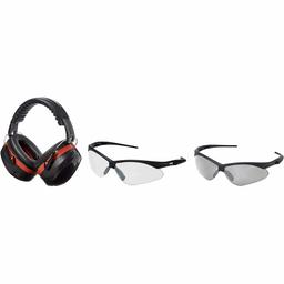 AmazonBasics Safety Ear Muffs Ear Protection, Black and Red, and Safety Glasses, Clear Lens and Smoke Lens