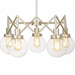 Amazon Brand – Rivet Mid-Century Modern Glass Sphere Chandelier with 5 Light Bulbs - 26 x 26 x 9.5 Inches, 20 - 55 Inch Cord, Soft Brass