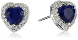 Sterling Silver Created Blue Sapphire and Created White Sapphire Halo Heart Stud Earrings