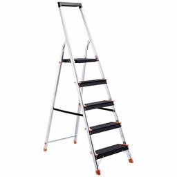 AmazonBasics Folding Step Ladder - 5-Step, Aluminum with Wide Pedal, Silver and Black