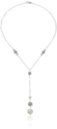 Handmade Natural White Freshwater Cultured Pearl and Pave Cubic Zirconia bead Y-Shaped Necklace, 16.5