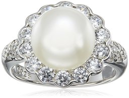 Platinum Plated Sterling Silver Cubic Zirconia Freshwater Cultured Flower Pearl Ring, Size 7