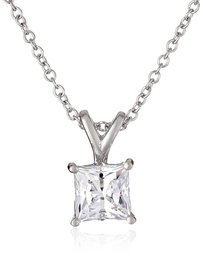 Platinum or Gold Plated Sterling Silver Princess Cut Solitaire Pendant Necklace made with Swarovski Zirconia, 18