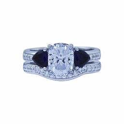 [Amazon Collection] Amazon Collection Platinum Plated Sterling Silver Clear Cubic Zirconia & Simulated Sapphire 100 Faceted Bridal Ring Set Size 7