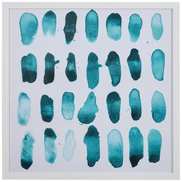 Drops of Blue and Teal Print on White Background, White Frame, 18