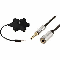 AmazonBasics 5-Way Multi Headphone Splitter, Black & 3.5mm Male to Female Stereo Audio Cable - 12 Feet (3.66 Meters)