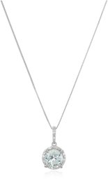 10k White Gold Round Aquamarine and Diamond Pendant Necklace, 18