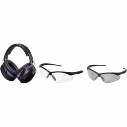 AmazonBasics Safety Ear Muffs Ear Protection, Black and Pink, and Safety Glasses, Clear Lens and Smoke Lens