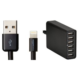 AmazonBasics Apple Certified Lightning to USB Cable - 4 Inches (10 Centimeters) w/ AmazonBasics 60W 6-Port USB Charger - Black