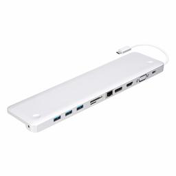 AmazonBasics Aluminum Type-C Docking with DisplayPort, HDMI, VGA, 3 USB-A, Ethernet, SD/TF Card Reader, Audio, and Type-C Charging Port (PD 100W) - Pedestal, Silver