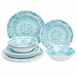 AmazonBasics 12-Piece Melamine Dinnerware Set - Service for 4, Faded Glaze Blue