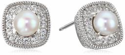 Sterling Silver Freshwater Cultured Pearl and Created White Sapphire Halo Cushion Stud Earrings