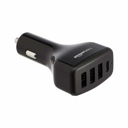 AmazonBasics - Cargador con entrada USB-C (18 W) con suministro de energía y 3 entradas USB-A (12 W) para el coche