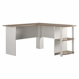 AmazonBasics Classic L-Shaped Desk with Open Bookshelves - White/Natural