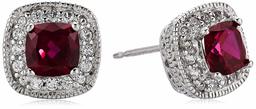 Sterling Silver Created Ruby and Created White Sapphire Halo Cushion Stud Earrings