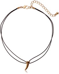 Slender Double Leather Cord with Horn Accent Choker Necklace, 12