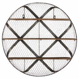 Amazon Brand – Stone & Beam Rustic Round Metal Mesh Hanging Wall Shelf Unit with 3 Shelves - 30 Inch, Natural Wood and Galvanized Iron