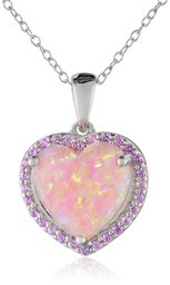 Simulated Opal and Created Pink Sapphire Heart Pendant Necklace, 18