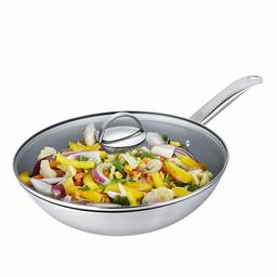 Eono Essentials Wok en acier inoxydable à revêtement anti-adhésif en Greblon de 32 cm avec couvercle en verre trempé, poêle à sauter pour cuisine à induction avecpoignée cool, sans APFO, CG-3290