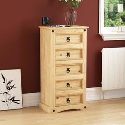 Vida Designs Corona, Chest of Drawers, 5 Drawer, Narrow, Solid Pine Wood