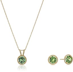 10K Gold Dainty Swarovski Crystal Birthstone Pendant Necklace with Stud Earrings Set, August