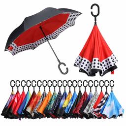 Eono by Amazon - Parapluie Inversé, Anti-UV Double Couche Coupe-Vent Parapluie, Parapluie Résistant au Vent, Parapluie Pliant pour Voitures, Poignée en Forme C Parapluie, Rouge/Blanc/Point