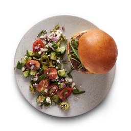 Amazon Meal Kits, Lamb Burger & Feta Arugula with Tomato, Olive & Dill Salad, Serves 2