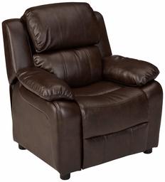 AmazonBasics LeatherSoft Kids/Youth Recliner with Armrest Storage, 5+ Age Group, Brown