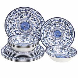 AmazonBasics 12-Piece Melamine Dinnerware Set - Service for 4, Traditional Blue and White