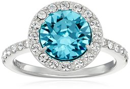 Platinum Plated Sterling Silver Aquamarine Color Made with Swarovski Crystal Round Shape Ring, Size 8