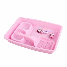 EONO by Amazon Kitty Starter Kit for small animal 4-Pieces included Kitten Litter Tray Pan Toilet Litter Scooper Food Feeding Drinking Water Dual Double Two Bowls Cat Funny Mouse Ball Toy, Pink